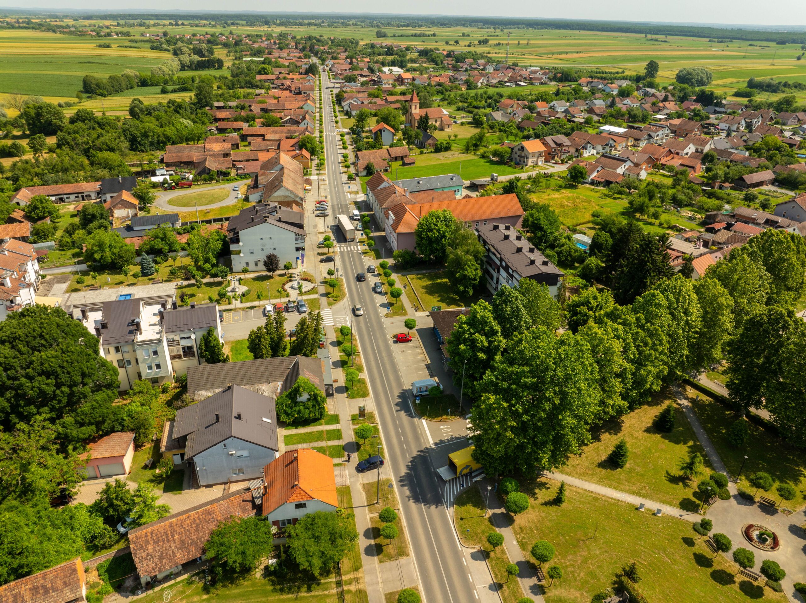 Aerial view of the picturesque town of Hercegovac, Croatia, on a sunny day.